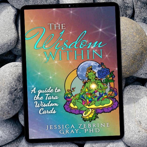Digital rainbow book cover The Wisdom Within with green Tara in front of rocks